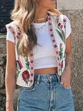 L Zara Embroidered Waistcoat Cream Pink Floral Folklore Vintage Country Gilet